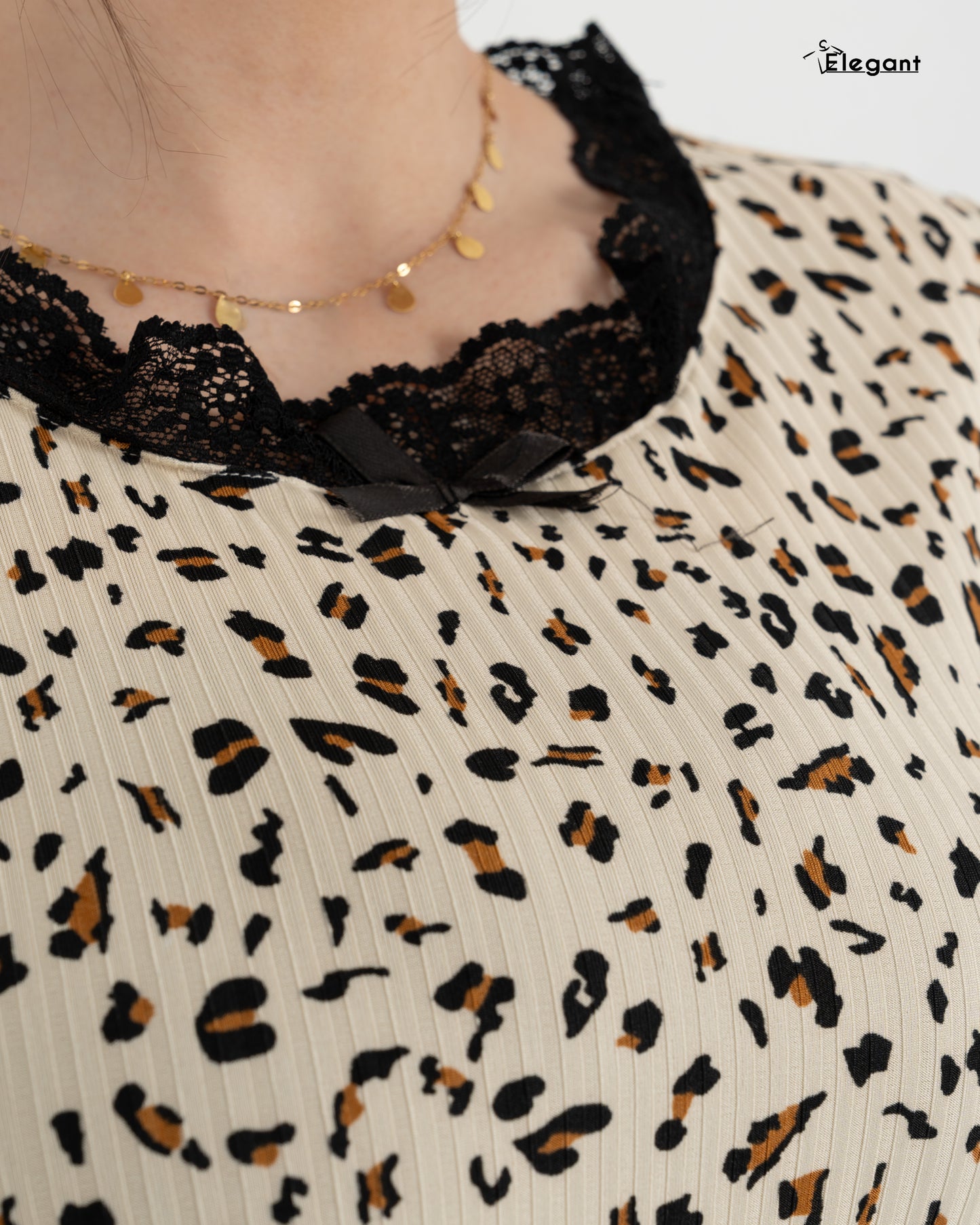 Ribbed V Neck SS PJ - Beige Tiger