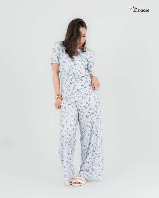 Ribbed Knot Front PJ Blue - Pink Floral
