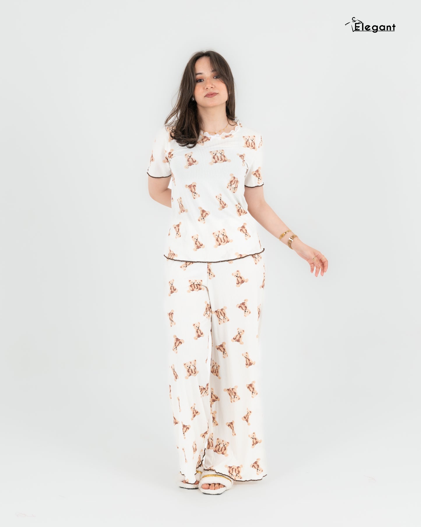 Ribbed V Neck PJ Offwhite Teddy Bear