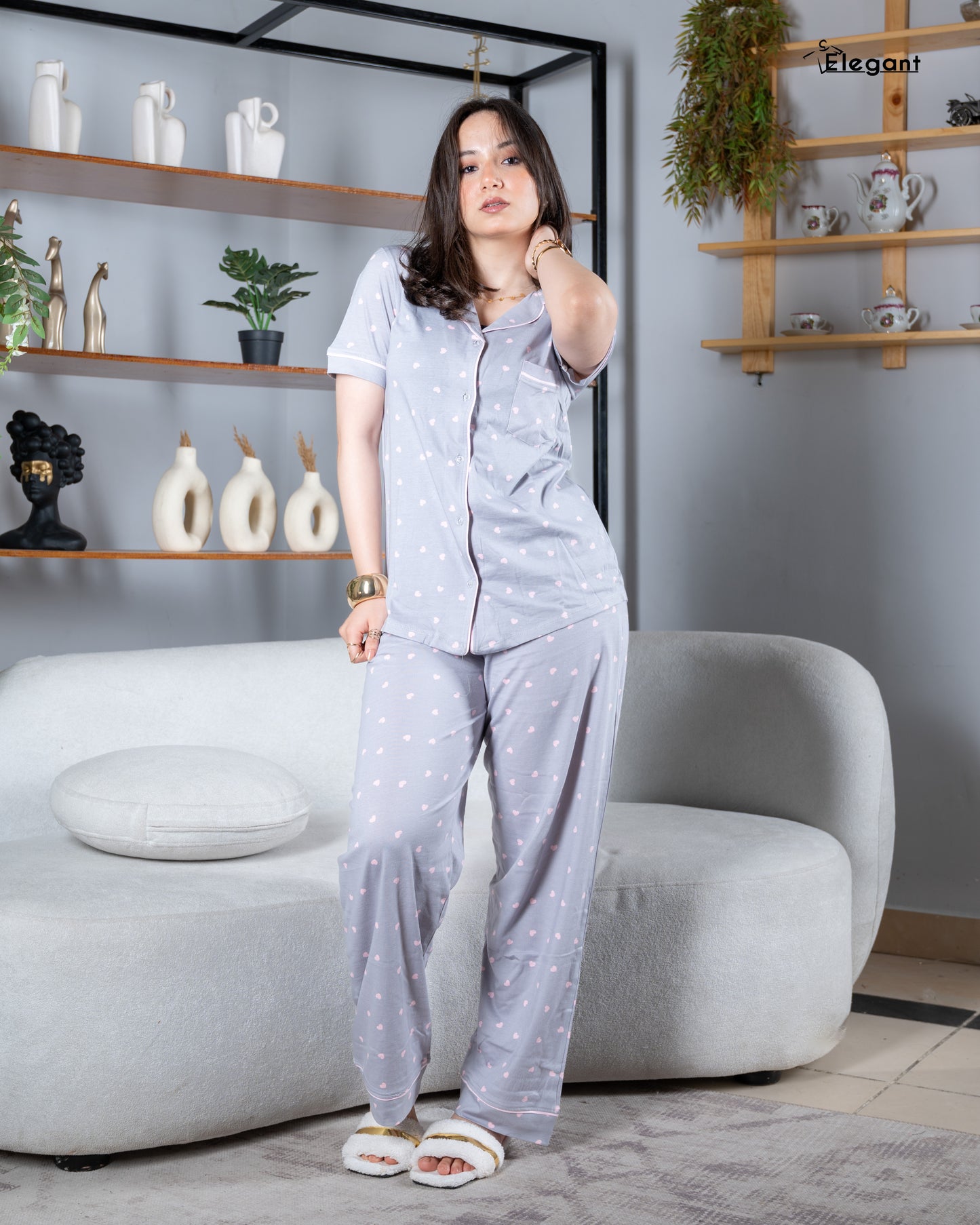 Classic PJ Pants Cotton Wide Leg Printed - Grey Heartbeat
