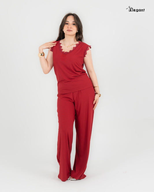 Ribbed PJ Pants - Matching lace - Burgundy