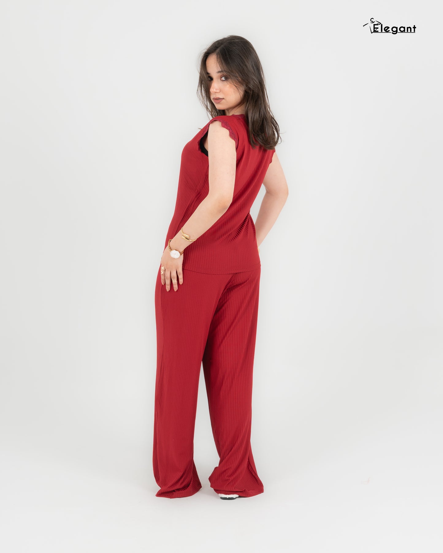 Ribbed PJ Pants - Matching lace - Burgundy