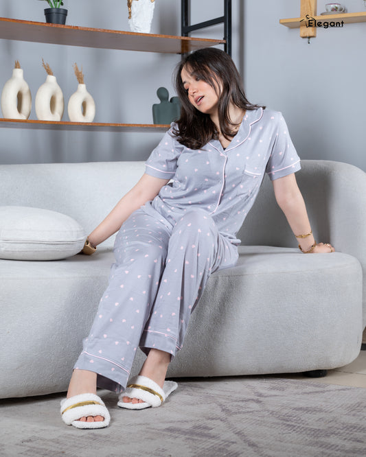 Classic PJ Pants Cotton Wide Leg Printed - Grey Heartbeat