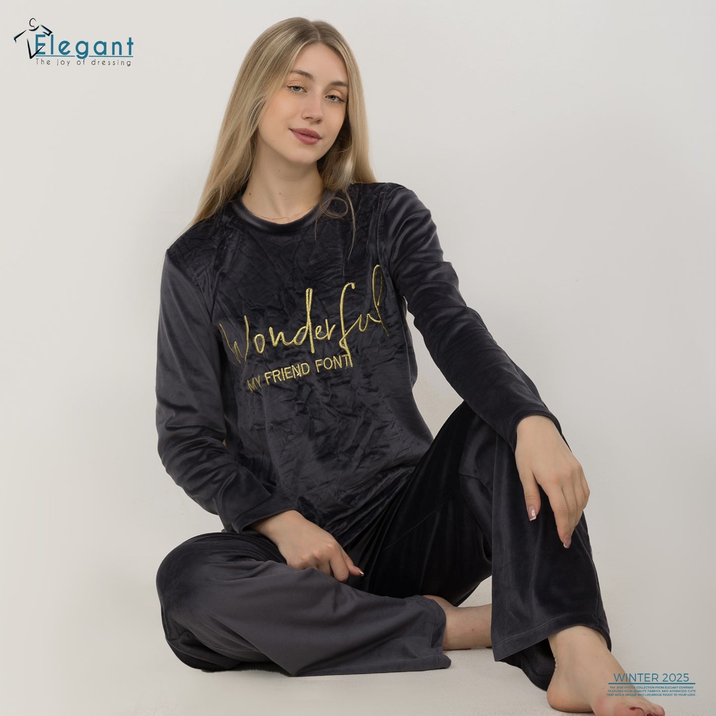 WIDE LEG Velvet Embroidery Pyjama - Dark Grey - Wonderful